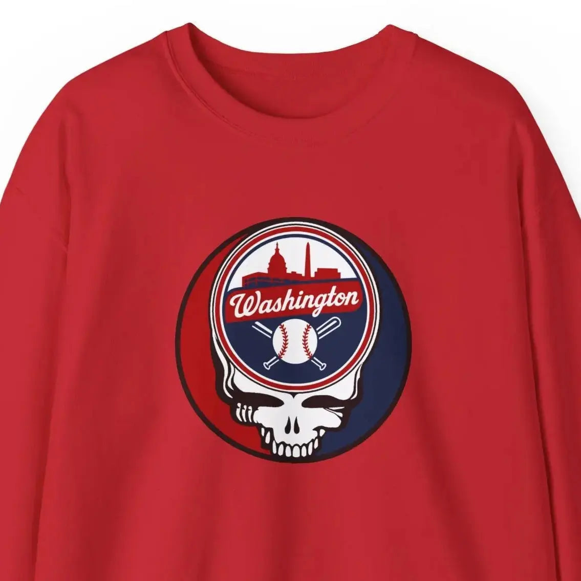 Red crewneck sweatshirt with Washington logo graphic on the chest