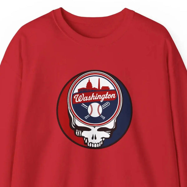 Red crewneck sweatshirt with Washington logo graphic on the chest