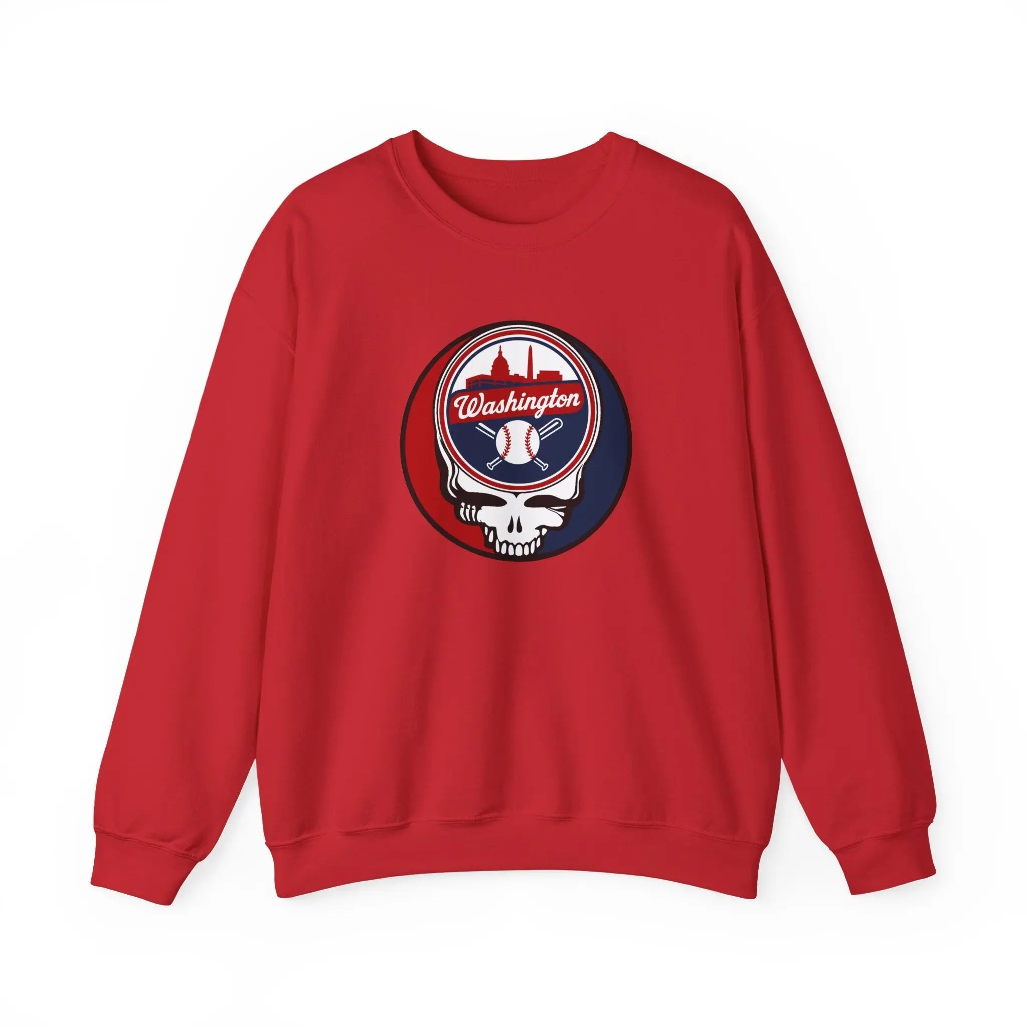 Red crewneck sweatshirt with circular Washington logo graphic at center chest
