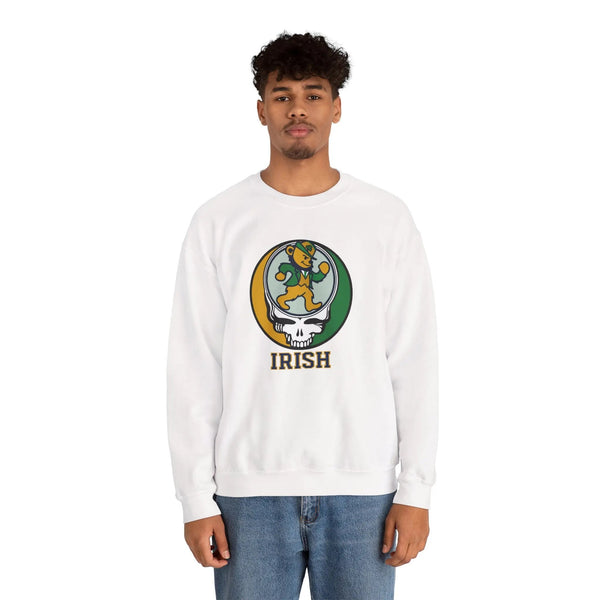 White crewneck sweatshirt with leprechaun Irish graphic front