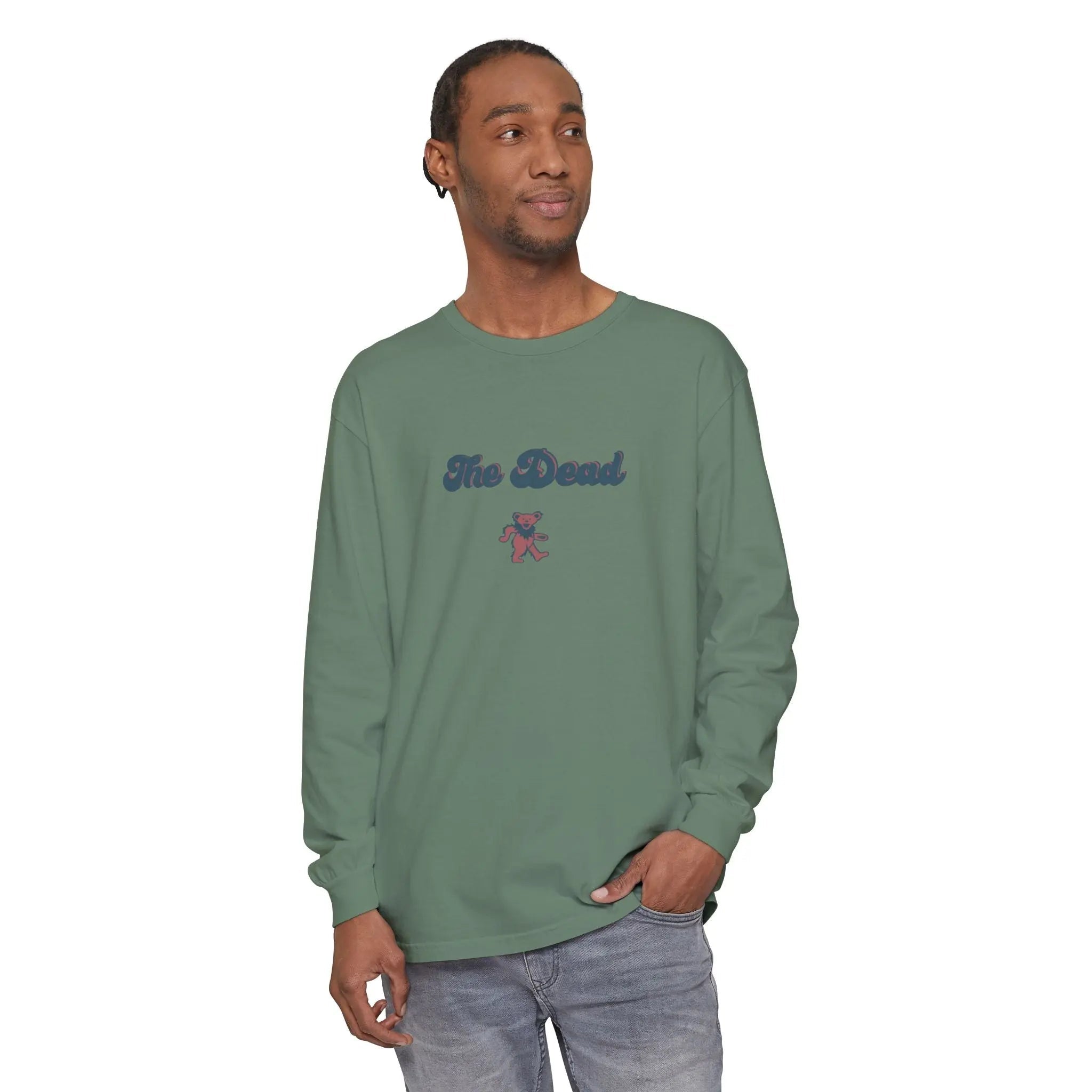 Teal green long-sleeve crewneck T-shirt with 