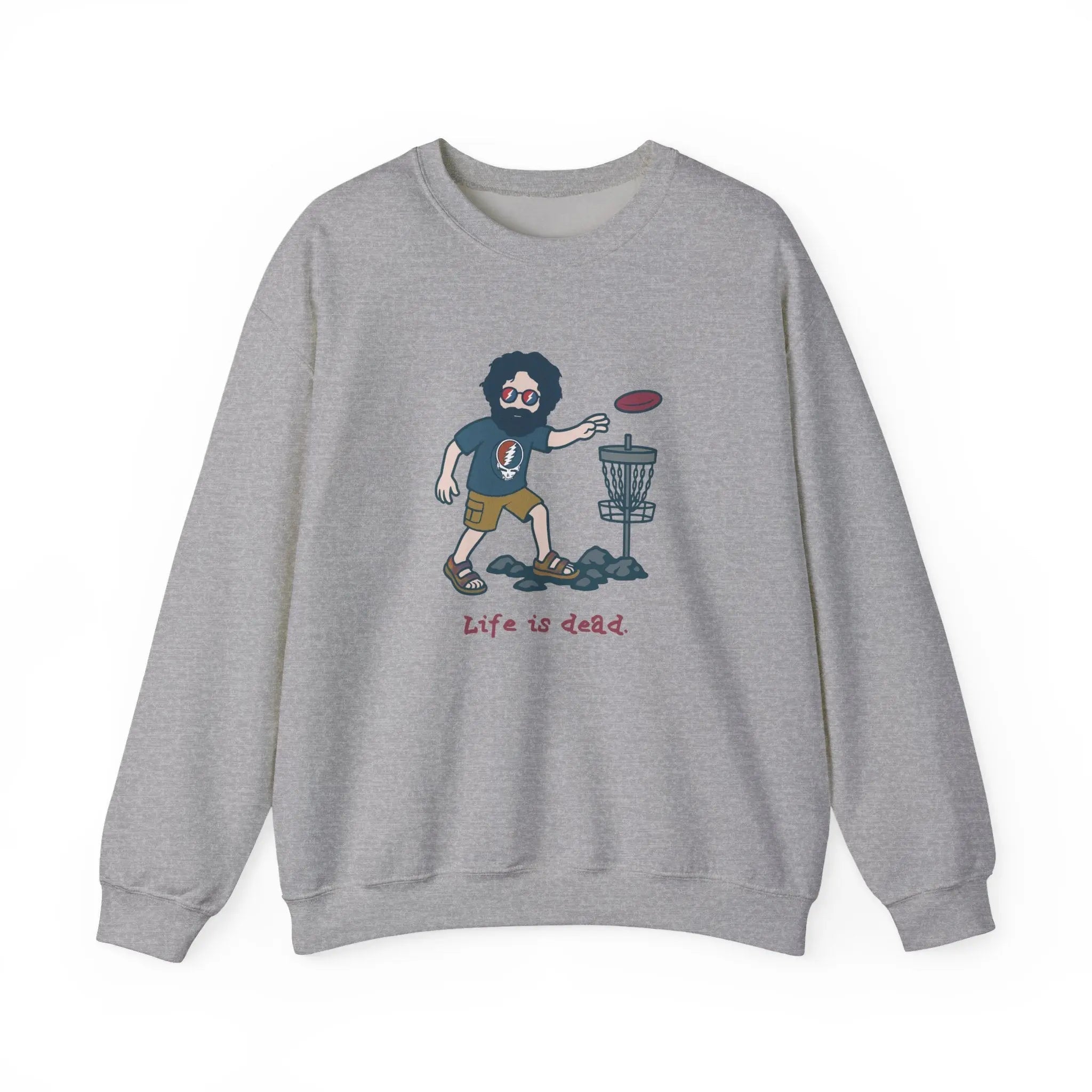 Light gray crewneck sweatshirt with front cartoon disc-golf scene graphic