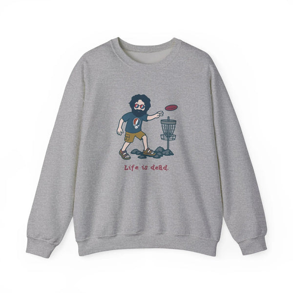 Light gray crewneck sweatshirt with front cartoon disc-golf scene graphic