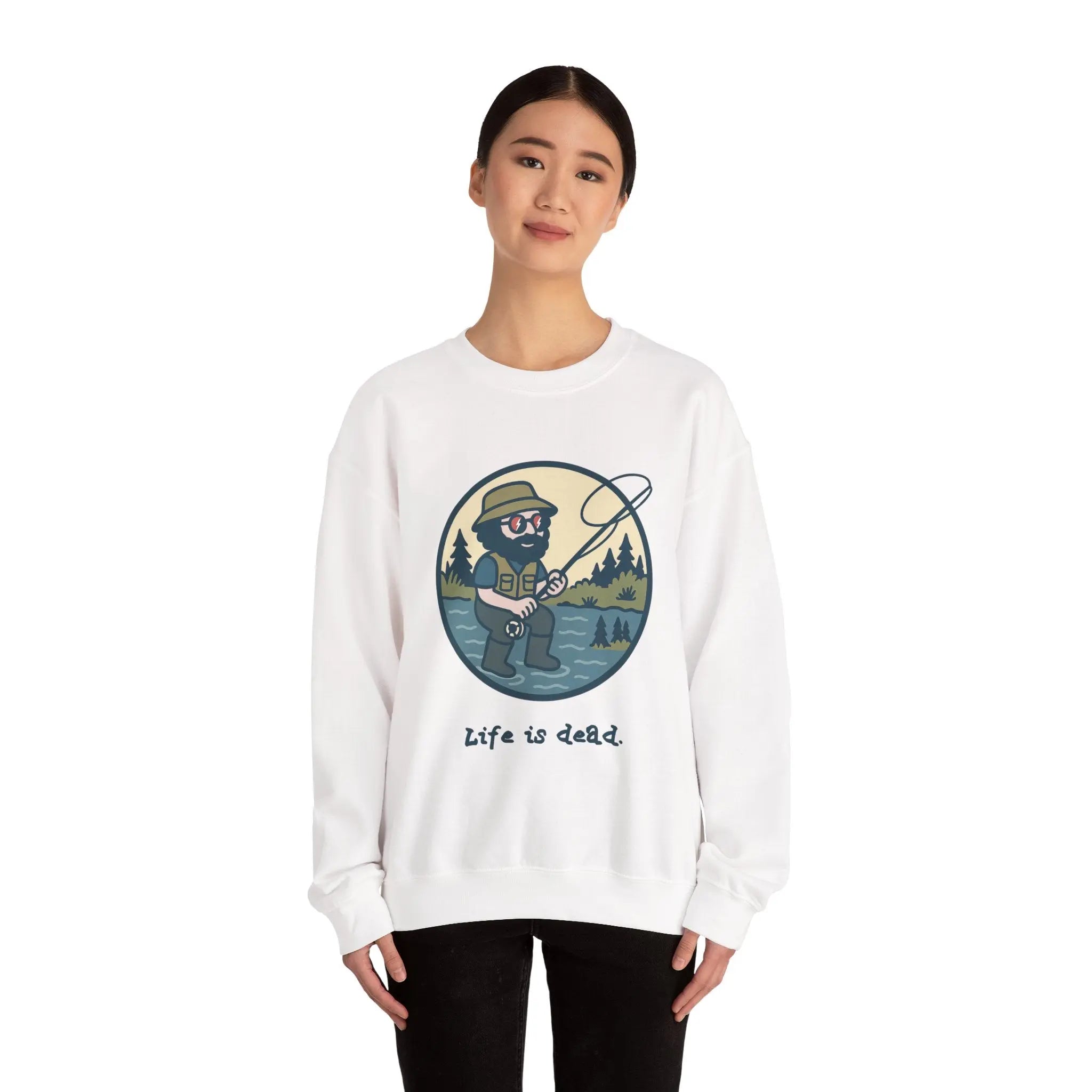 White crewneck sweatshirt with round fishing graphic and 'Life is dead.'
