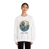 White crewneck sweatshirt with round fishing graphic and 'Life is dead.'