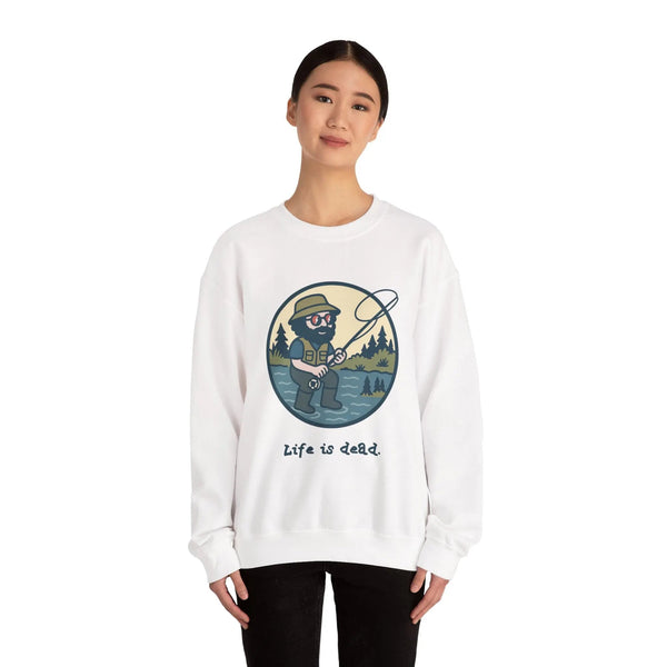 White crewneck sweatshirt with round fishing graphic and 'Life is dead.'