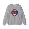 Sport grey crewneck sweatshirt, full front view with circular Chicago graphic skull logo