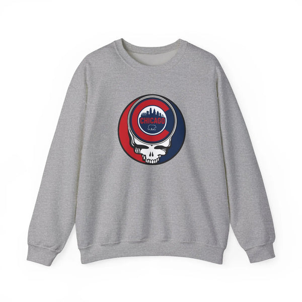 Sport grey crewneck sweatshirt, full front view with circular Chicago graphic skull logo