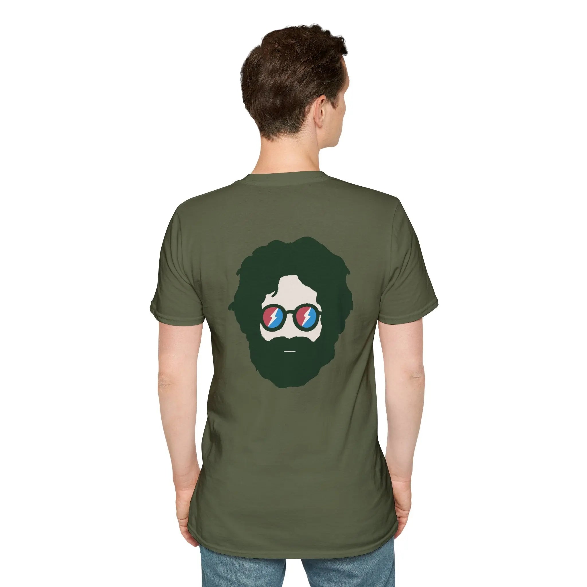 Military green two-sided graphic T-shirt with centered back portrait and blue glasses