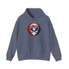 Gray pullover hoodie with front kangaroo pocket and circular team logo
