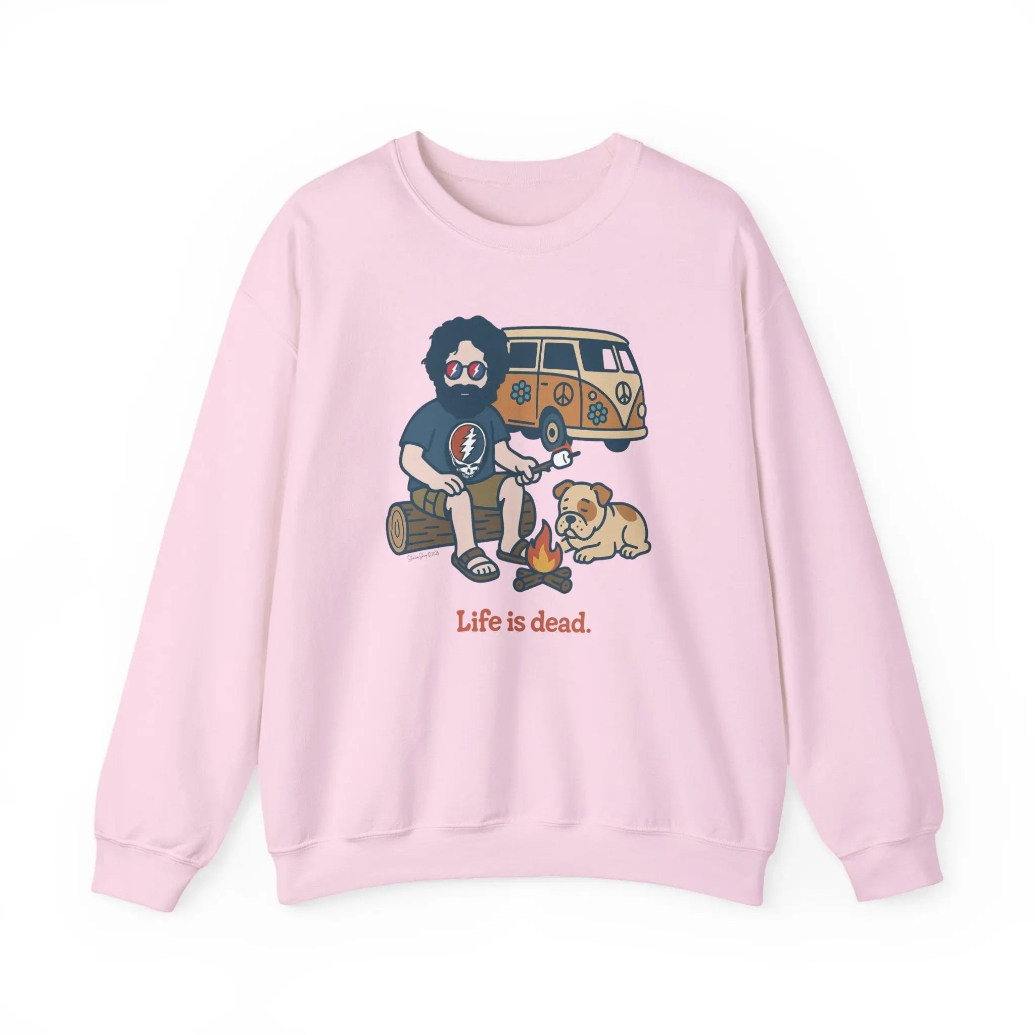 Unisex light pink camping sweatshirt with long sleeves and camper, dog, skull print