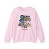 Unisex light pink camping sweatshirt with long sleeves and camper, dog, skull print