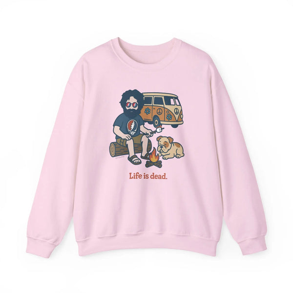 Unisex light pink camping sweatshirt with long sleeves and camper, dog, skull print