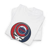White Stealie skull graphic T-shirt, folded pair with circular Chicago logo