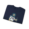 Navy sweatshirt with hiker character graphic holding a staff