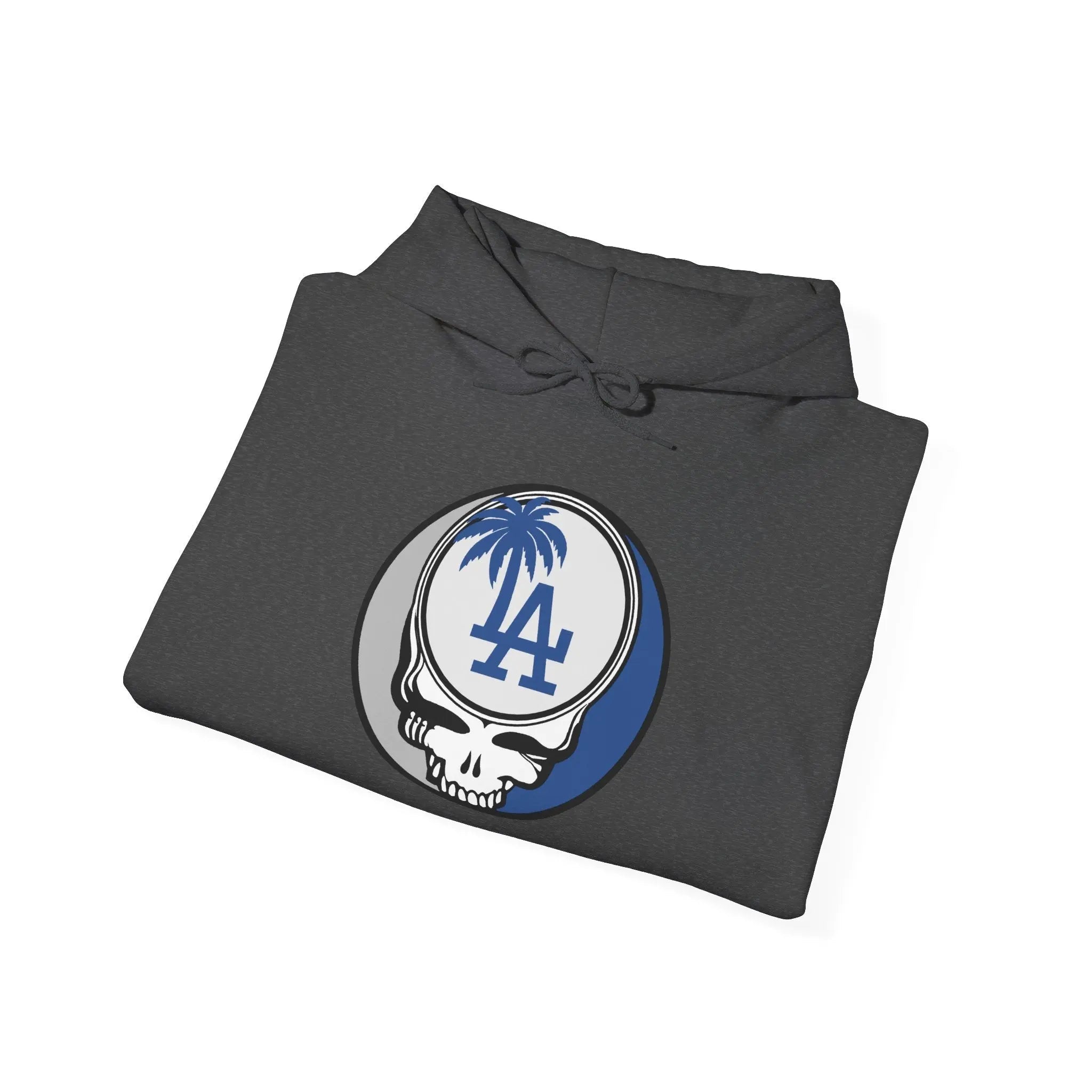 Los Angeles Dodgers dark heather hoodie, front LA Stealie logo, pullover with hood