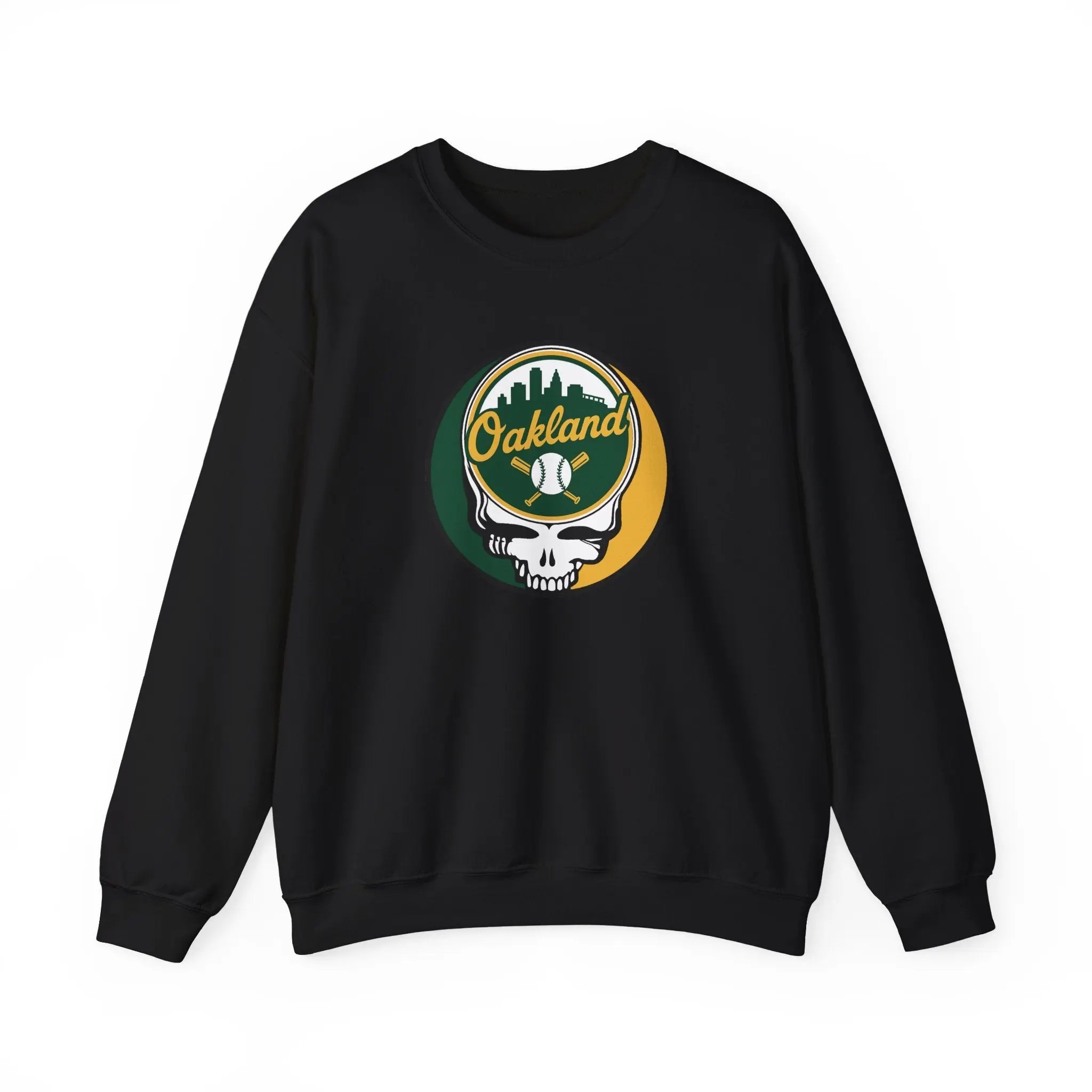 Black crewneck sweatshirt with Oakland logo skull graphic on the chest