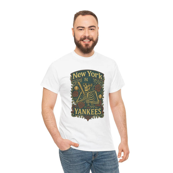 White crewneck T-shirt with large green-and-gold New York Yankees graphic print