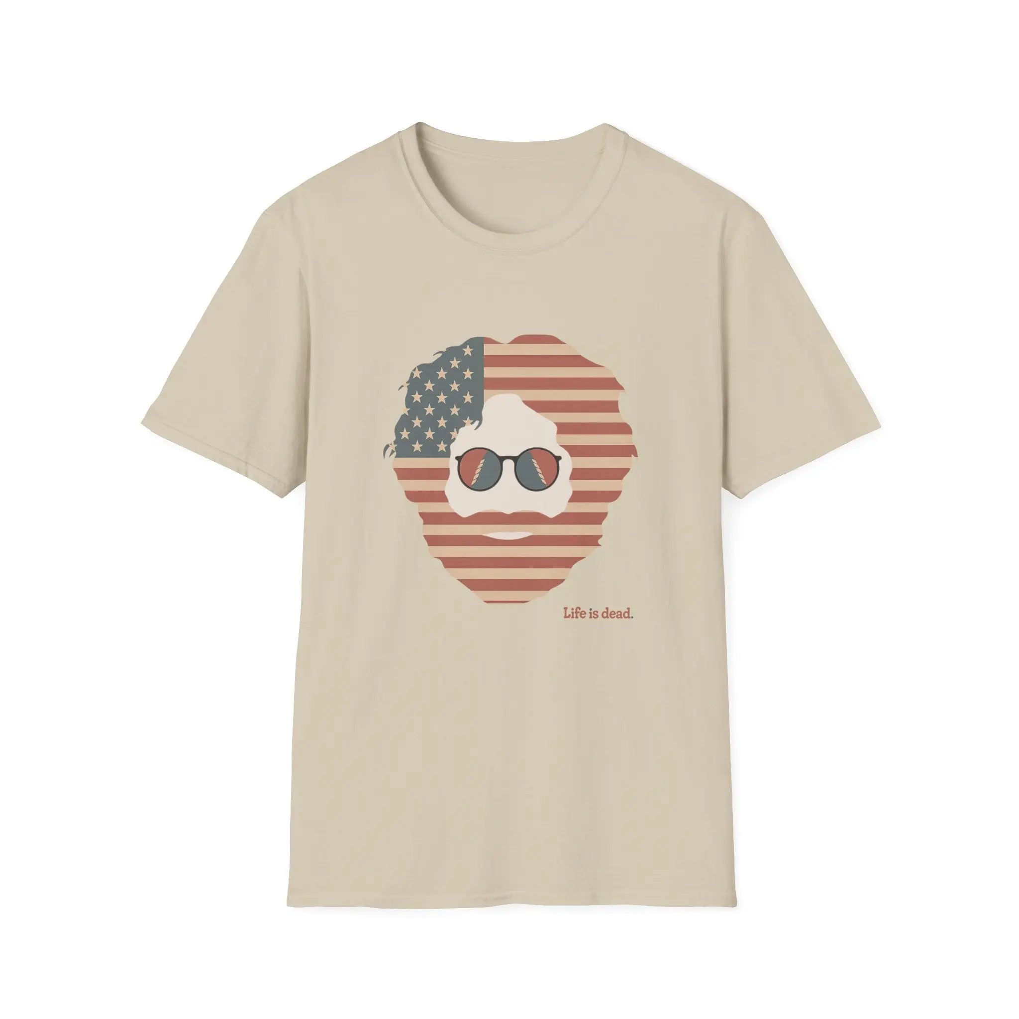 Sand crewneck T-shirt with patriotic bearded skull graphic, 