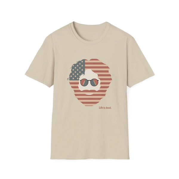 Sand crewneck T-shirt with patriotic bearded skull graphic, "Life is dead"
