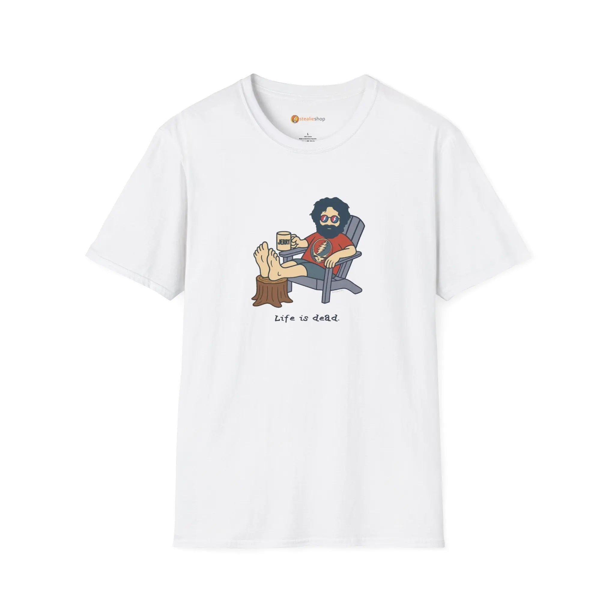 White graphic T-shirt with crew neck and illustrated seated character on front