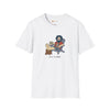White graphic T-shirt with crew neck and illustrated seated character on front