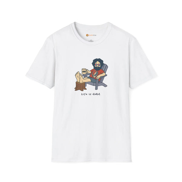 White graphic T-shirt with crew neck and illustrated seated character on front