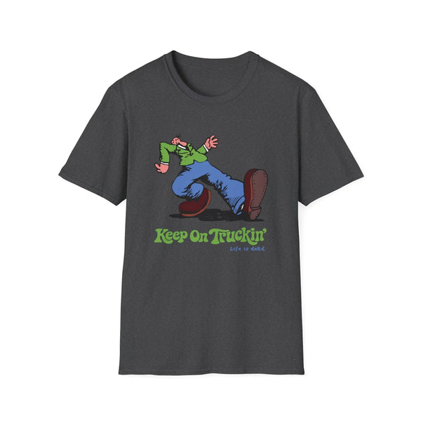 Charcoal graphic T-shirt with cartoon rider and "Keep On Truckin'" text on front