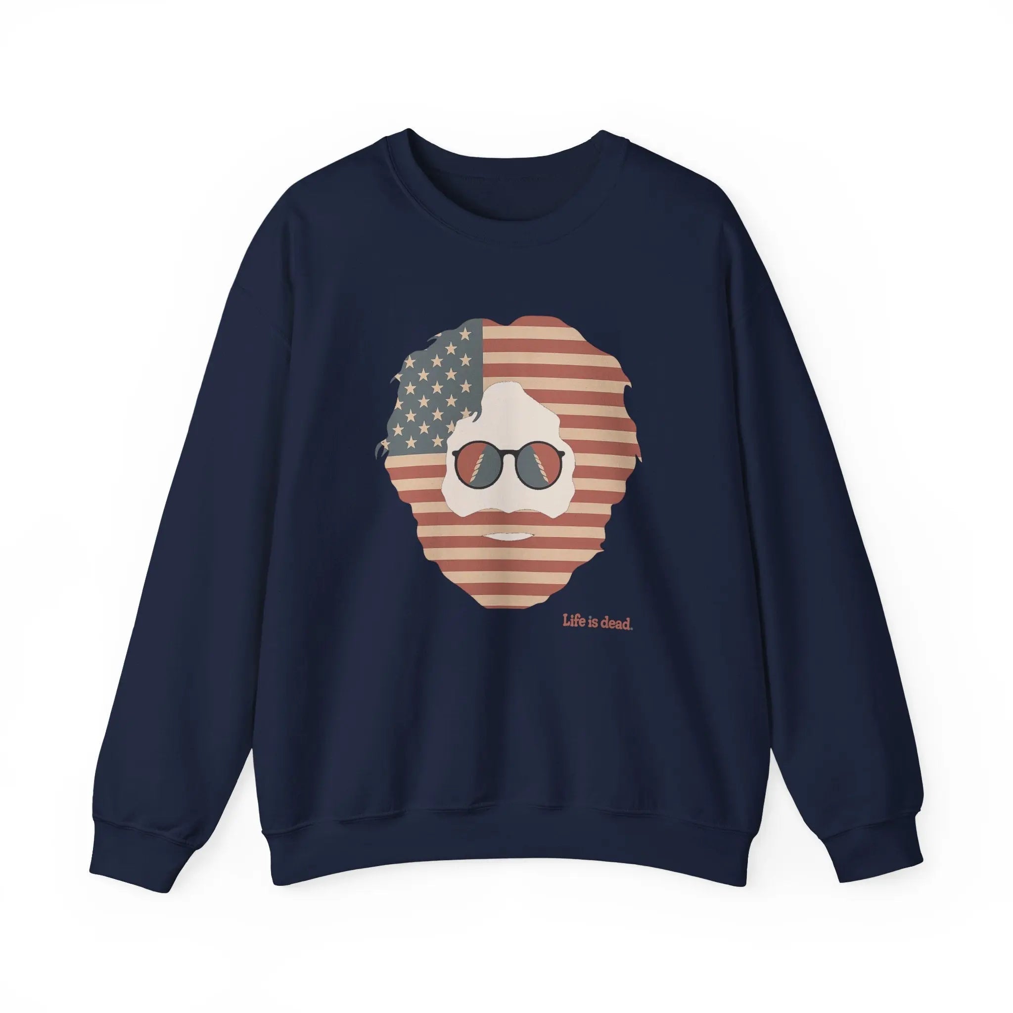 Navy crewneck sweatshirt with American flag face graphic and sunglasses