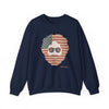 Navy crewneck sweatshirt with American flag face graphic and sunglasses