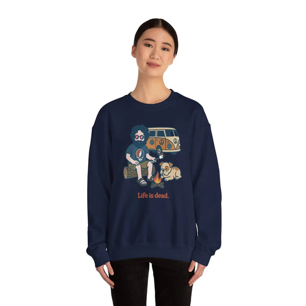 Navy crewneck sweatshirt on model with camping scene graphic on the chest.