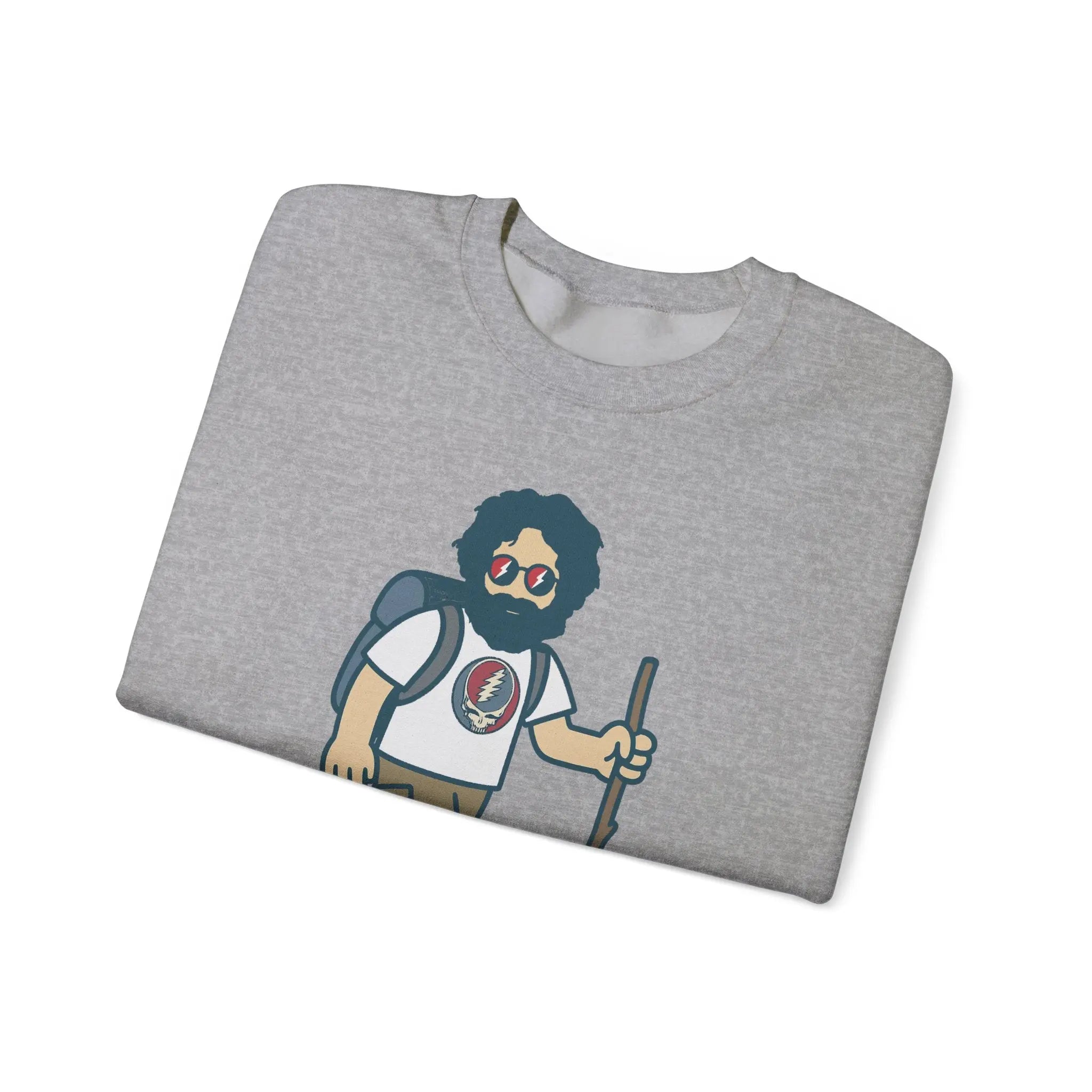 Sport gray crewneck sweatshirt folded, featuring bearded hiker graphic on chest