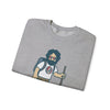 Sport gray crewneck sweatshirt folded, featuring bearded hiker graphic on chest