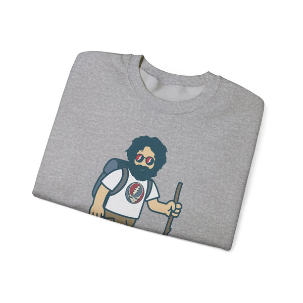 Sport gray crewneck sweatshirt folded, featuring bearded hiker graphic on chest