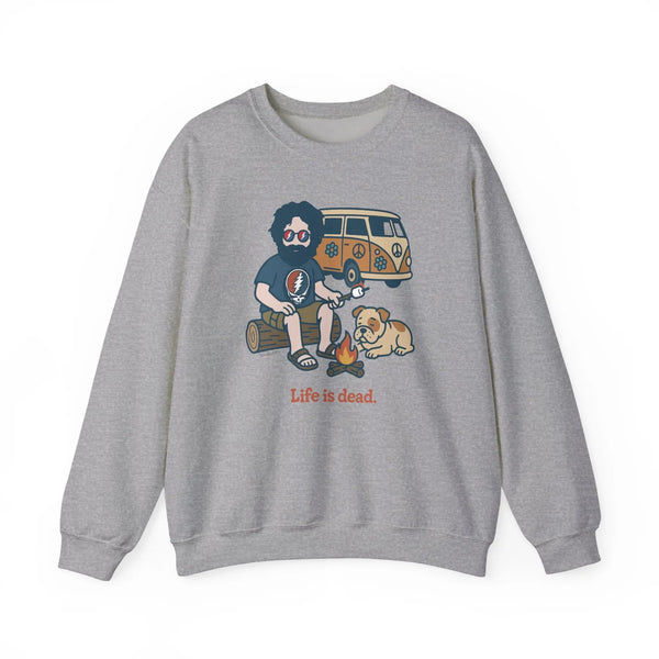 Unisex sport grey camping sweatshirt with long sleeves and camper character graphic