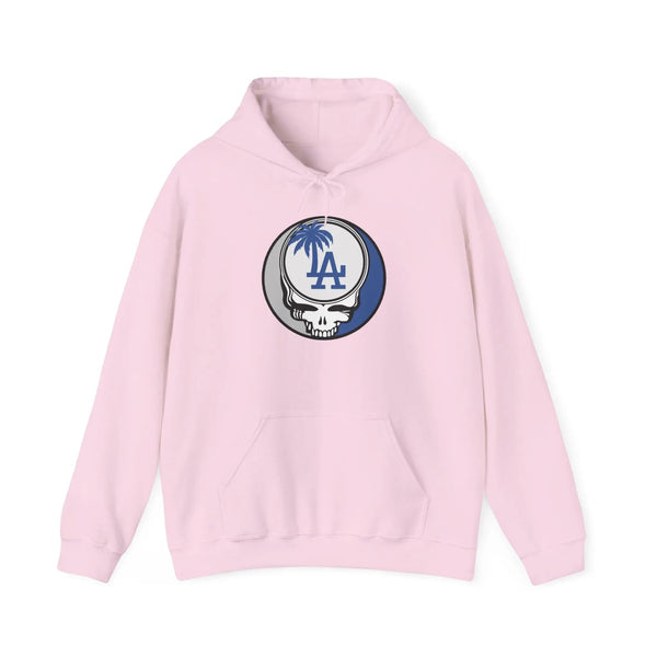 Los Angeles Dodgers light pink hoodie with front Stealie LA emblem and hood drawstring