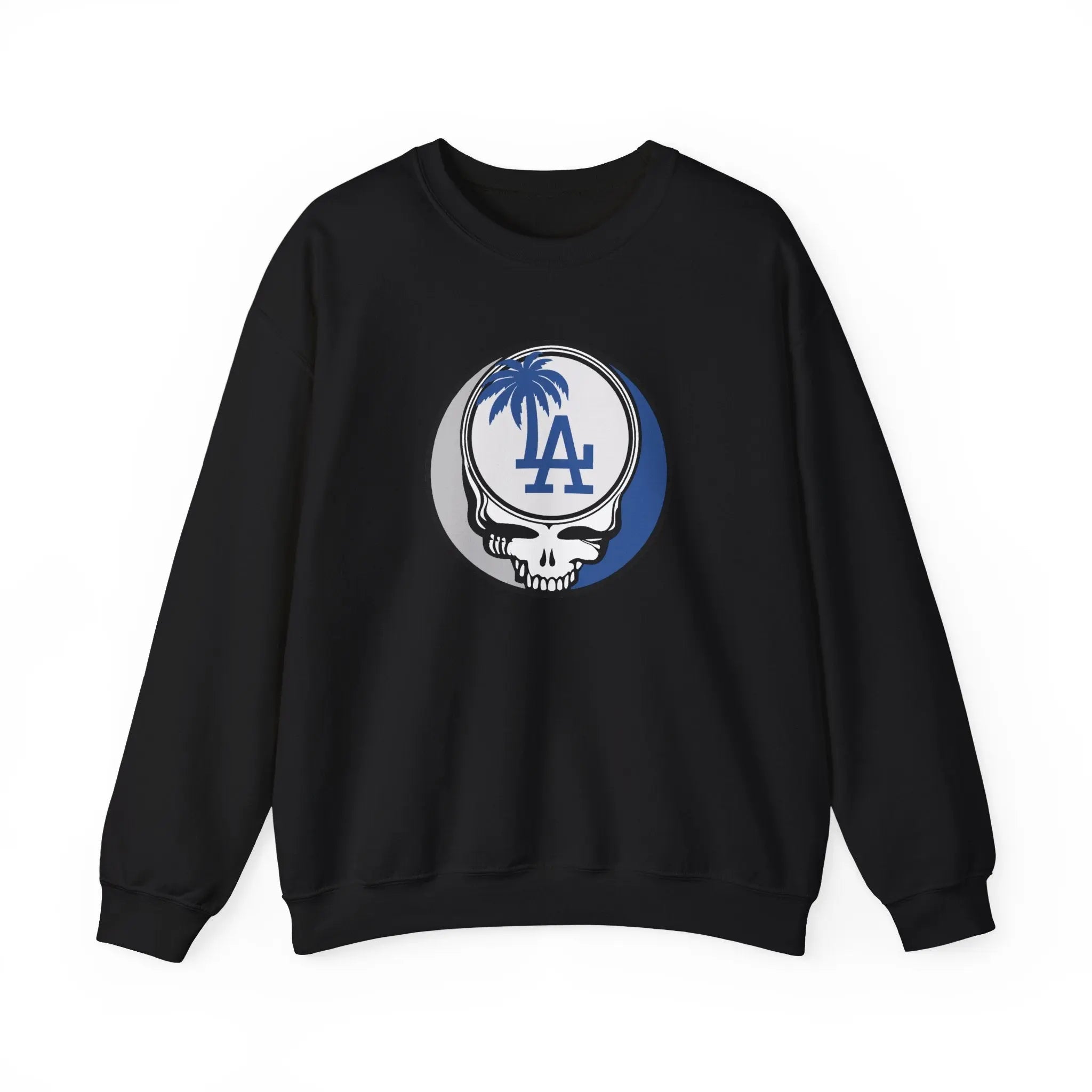 Black crewneck sweatshirt with Dodgers Stealie circular skull logo on chest
