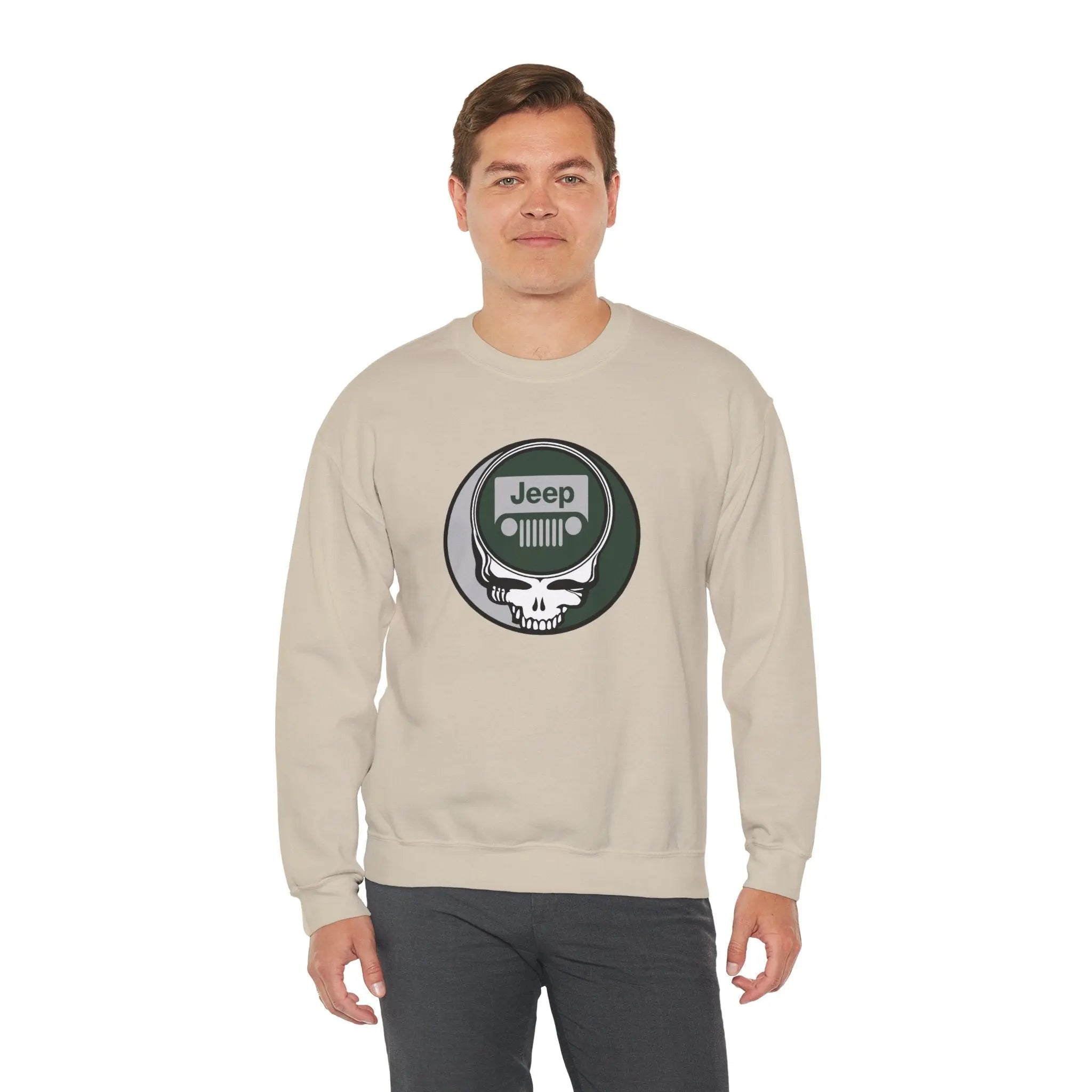 Sand crewneck sweatshirt with Jeep logo front graphic
