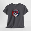 Dark gray crewneck T-shirt with circular Boston logo and skull graphic