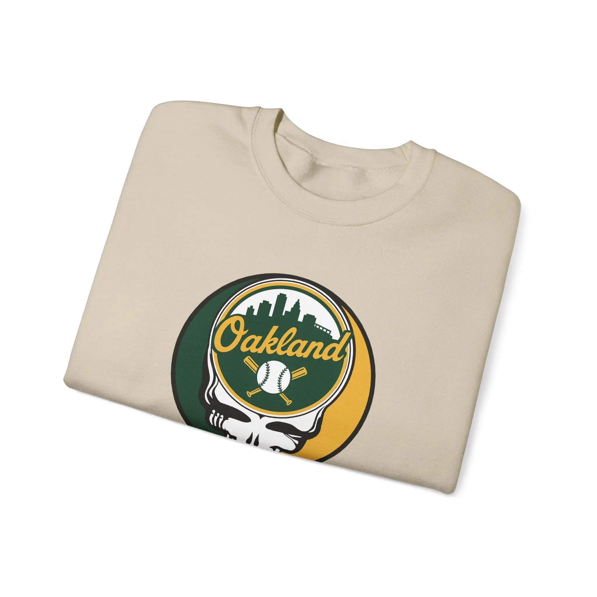 Sand crewneck sweatshirt with Oakland logo skull graphic, angled front view