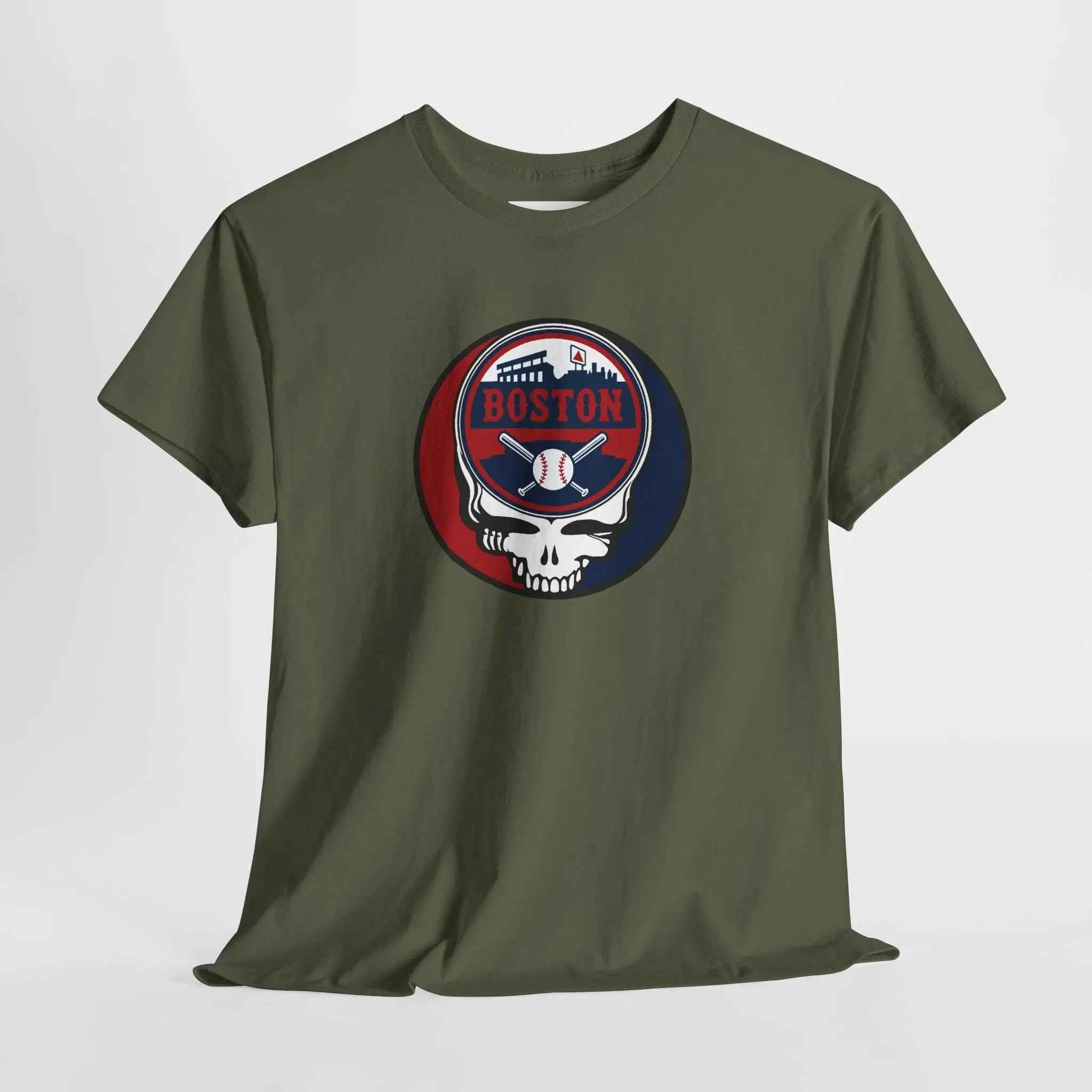 Olive green T-shirt with circular Boston logo skull and baseball graphic