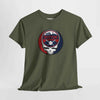 Olive green T-shirt with circular Boston logo skull and baseball graphic