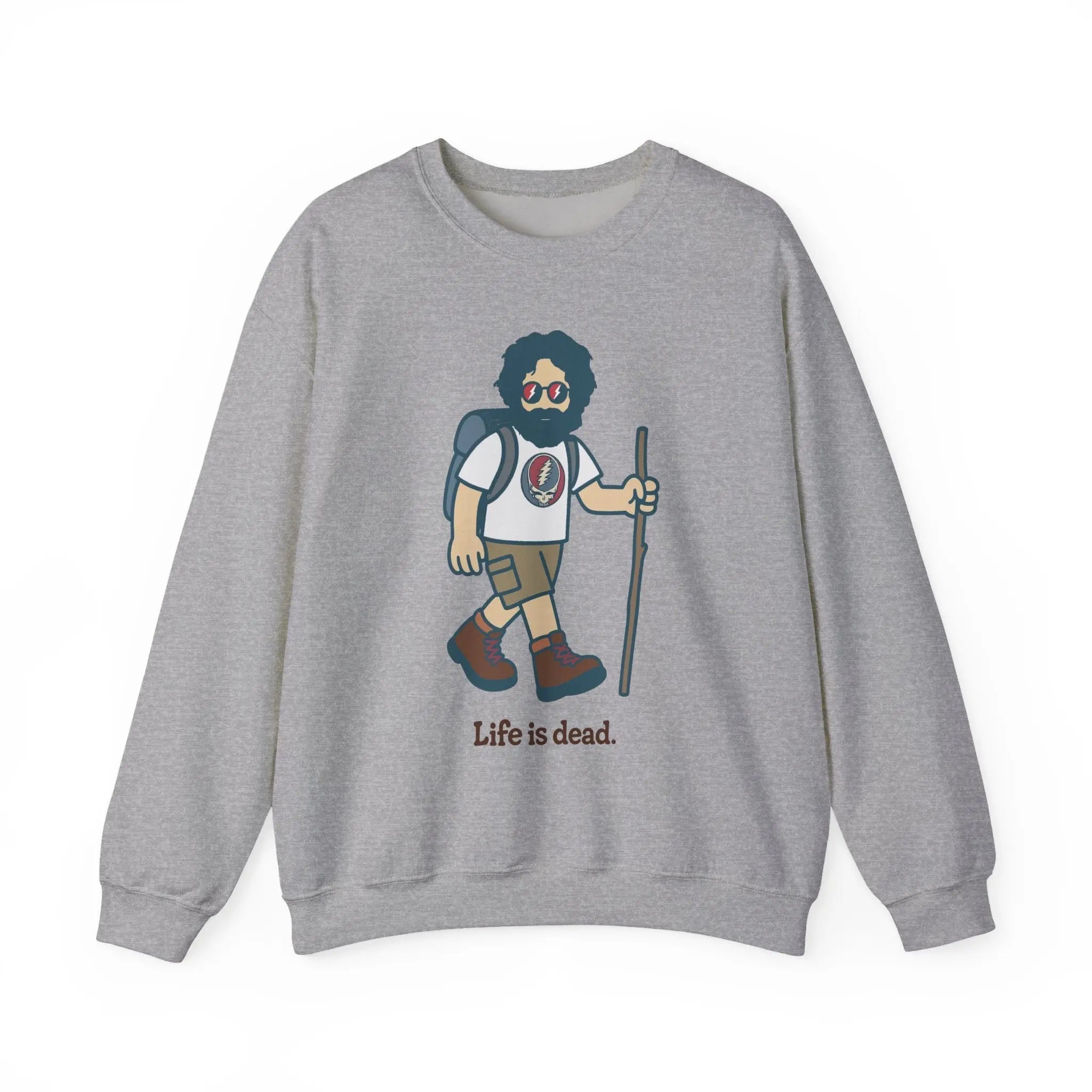 Sport gray crewneck sweatshirt, full front view with bearded hiker graphic