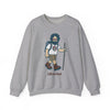 Sport gray crewneck sweatshirt, full front view with bearded hiker graphic