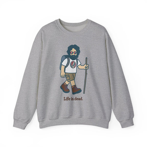 Sport gray crewneck sweatshirt, full front view with bearded hiker graphic