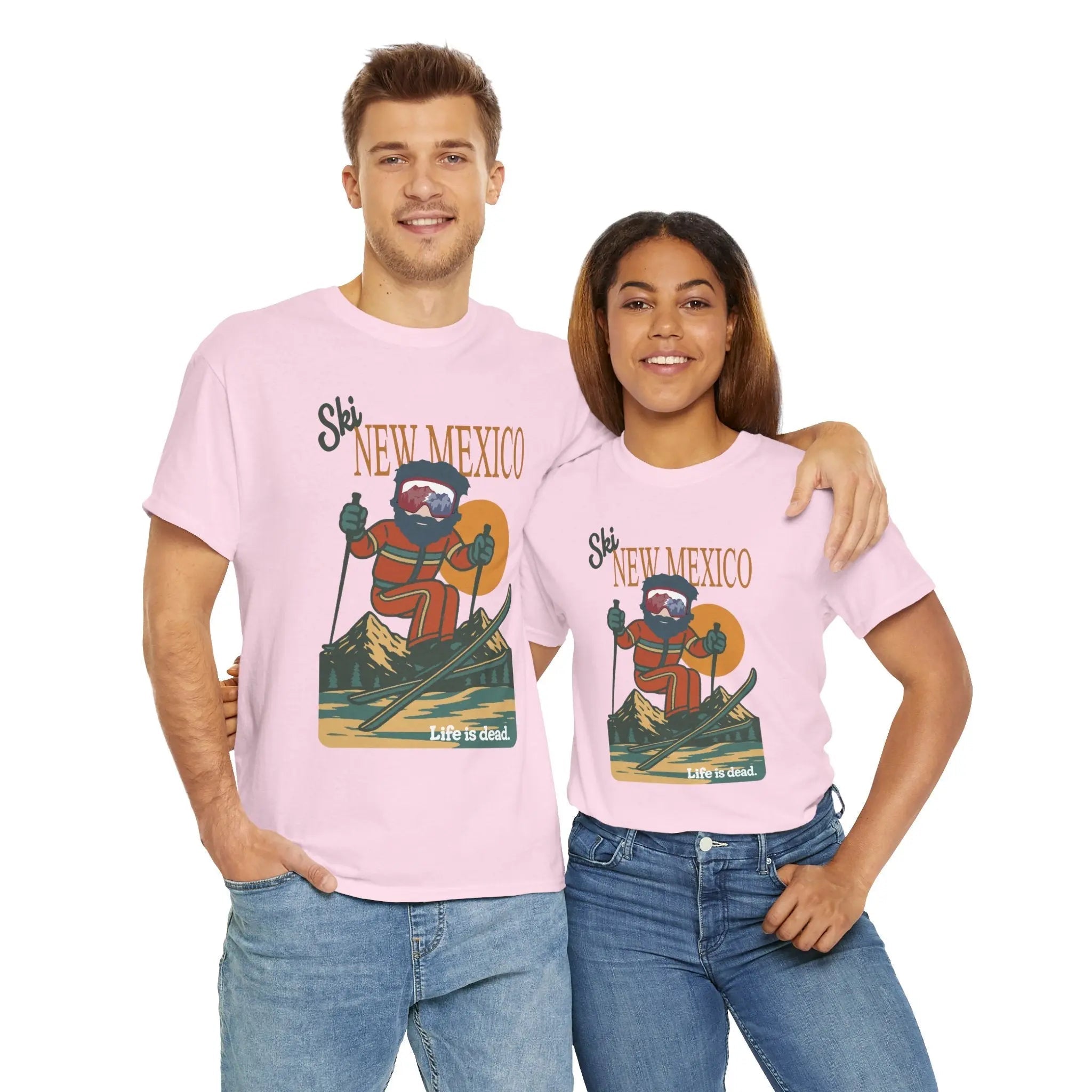 Light pink T-shirt with Ski New Mexico retro ski graphic on the chest