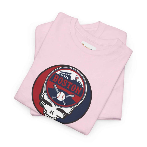 Light pink T-shirt with circular Boston logo skull and baseball print