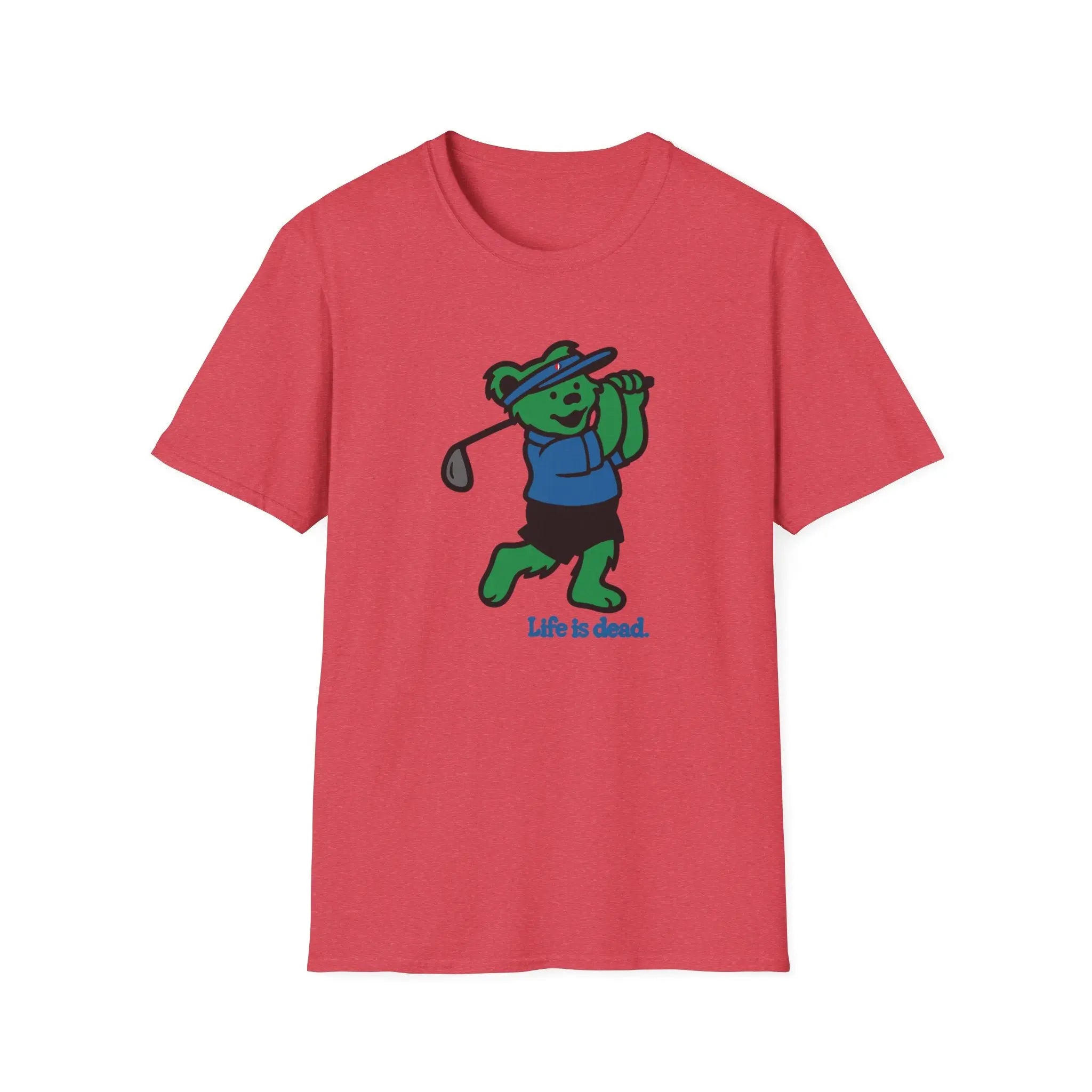 Heather red graphic T-shirt with cartoon bear golfing and 'Life is dead.' print