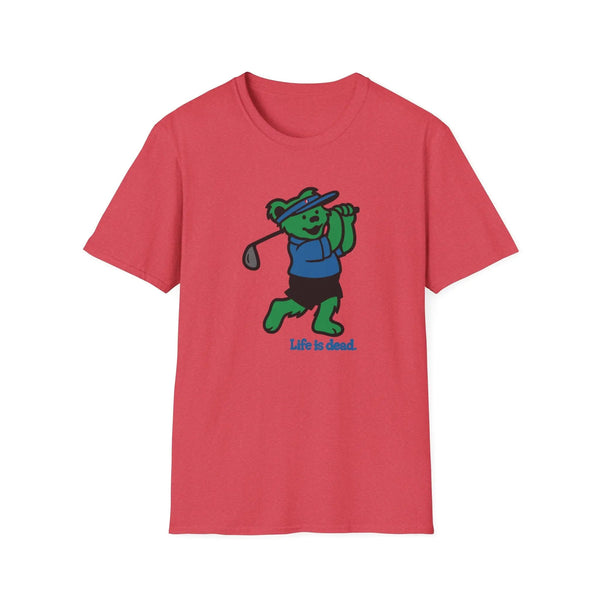 Heather red graphic T-shirt with cartoon bear golfing and 'Life is dead.' print