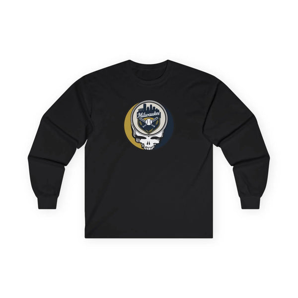 Black long-sleeve T-shirt with centered Milwaukee skull logo on the chest